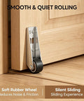 Rock Solid Vertical Track Roller Wheels With Thick Rubber Casters For Zero Sag Barn Doors And Ride Smooth Sliding Door Hardware Replacement Two Pack detail of soft rubber wheel in sliding door hardware.