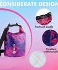 Waterproof Dry Bag 5L Roll Top Backpack For Kayaking Boating Camping And Beach Trips Ultra Lightweight Durable Gear Bag With Adjustable Strap Puncture Resistant Purple Camo with premium buckle and craftsmanship details