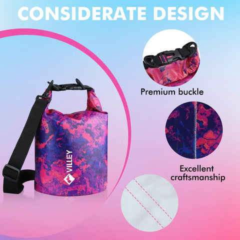 Waterproof Dry Bag 5L Roll Top Backpack For Kayaking Boating Camping And Beach Trips Ultra Lightweight Durable Gear Bag With Adjustable Strap Puncture Resistant Purple Camo with premium buckle and craftsmanship details