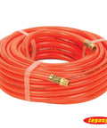 Coiled Orange 3/8 Inch Air Hose, 50 Ft With 1/4 Inch MNPT Fittings, PVC Reinforced By Polyester Yarn, Bend Restrictor, 200 PSI