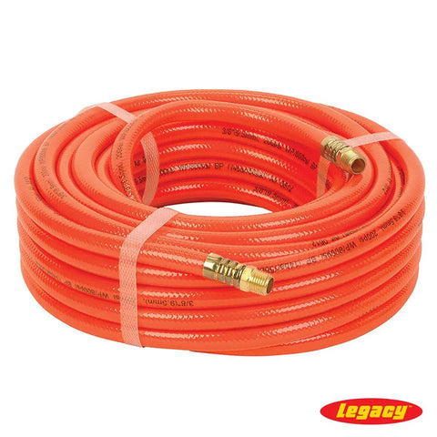 Coiled Orange 3/8 Inch Air Hose, 50 Ft With 1/4 Inch MNPT Fittings, PVC Reinforced By Polyester Yarn, Bend Restrictor, 200 PSI