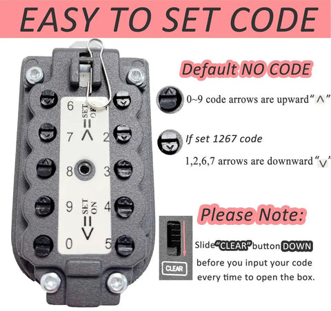 Instruction panel for Outdoor Wall Mount Key Lock Box Waterproof 10 Digit Combination Push Button Key Keeper showing code setup.