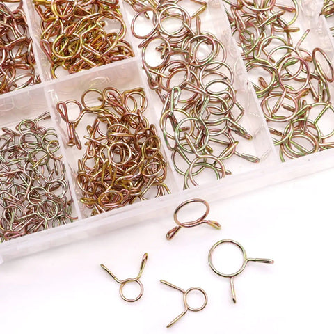 310 Piece Hose Clamp Set With 9 Sizes From 5 To 13 mm Galvanized 65Mn Spring Clips organized in a plastic box