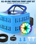 Plug-And-Play All-In-One Pond Pump With Lights, 800 GPH Submersible Fountain Kit, blue pump unit with LED lights and accessories