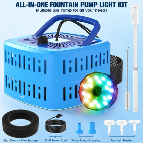Plug-And-Play All-In-One Pond Pump With Lights, 800 GPH Submersible Fountain Kit, blue pump unit with LED lights and accessories