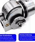 Rock Solid Universal Indexing Head For Rotary Table Featuring Precision Milling Three Jaw Chuck with detailed graduations and indexing.