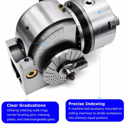 Rock Solid Universal Indexing Head For Rotary Table Featuring Precision Milling Three Jaw Chuck with detailed graduations and indexing.