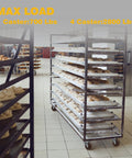 Bakery rack with bread using high-temp swivel caster wheels up to 2800 lbs for industrial ovens and kilns.