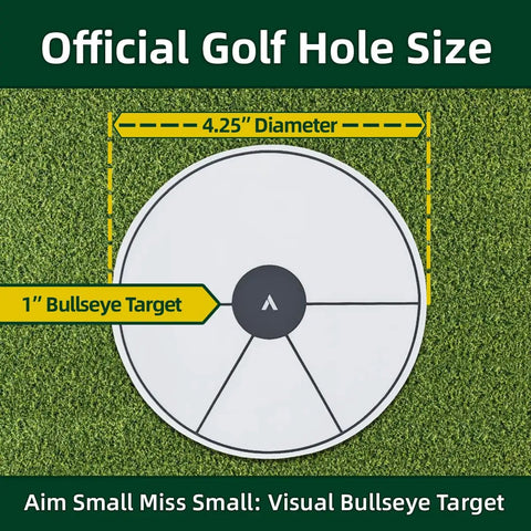 Ghost Hole Putting Targets 4 Pack Official Size 4.25 Inch Flat Discs for Putting and Chipping Practice on grass with dimensions shown