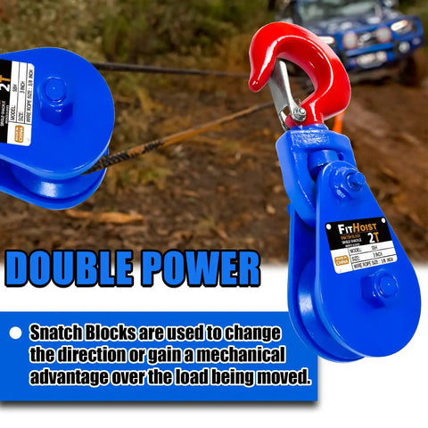 Snatch Block With Hook For Tow Truck Use, 2 Ton Capacity, 3/8 Inch Wire Rope, 3 Inch Pulley, Heavy Duty Pulley System With Drop-Side Design For Safe, Fast Hookups And Effortless Heavy Lifting on tow line