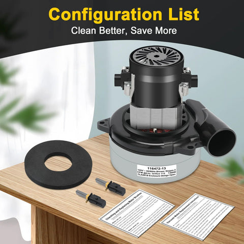Front view of 116472-13 vacuum motor replacement kit with 2-stage 5.7-inch motor, 112 CFM, foam gasket and connectors