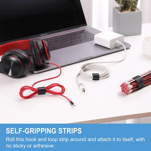 Heavy Duty Hook And Loop Straps With Double Sided Self Gripping Strips 2 Inch By 24 Foot organizing cables and pencils on desk