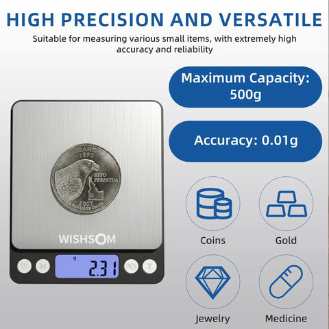 Pro Grade Jewelry Scale 500G By 0.01G Digital Gold Scale For Jewelers, Pawn Shops And Coin Dealers, displaying a coin on scale