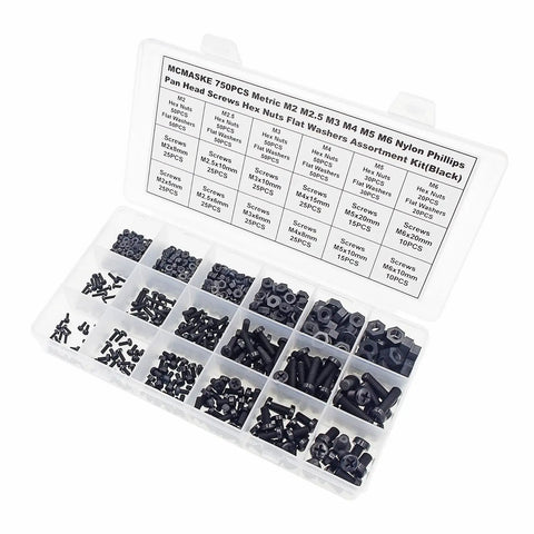 750 Piece Metric Nylon Screws Assortment Kit In Black With Phillips Pan Head Screws M2 Through M6 Hex Nuts And Flat Washers PA66
