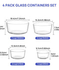 Glass Bowls Set Of Four With Lids, 1, 2, 4 And 7 Cup Sizes, Food Storage And Meal Prep Containers, dimensions shown