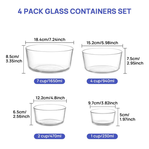 Glass Bowls Set Of Four With Lids, 1, 2, 4 And 7 Cup Sizes, Food Storage And Meal Prep Containers, dimensions shown