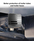 Keep The Crud Out Of Your Rig With This Rugged Square Trailer Hitch Dust Plug Cover featuring a black American flag design.