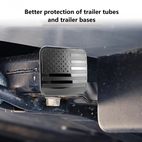 Keep The Crud Out Of Your Rig With This Rugged Square Trailer Hitch Dust Plug Cover featuring a black American flag design.
