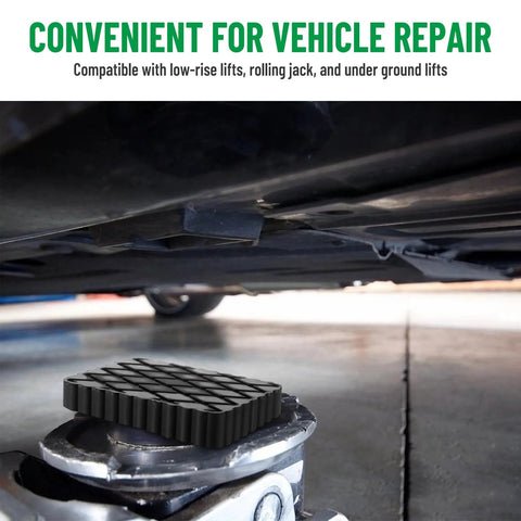 Black solid rubber auto lift pad with grid-top on a hydraulic jack under a car