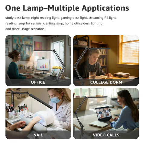 Clamp On Swing Arm LED Desk Lamp With 80 LED Beads 5 Color Modes And 11 Brightness Levels used in office, dorm, nail salon, video calls