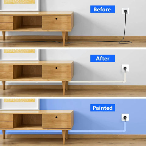 Before and after view of 254-inch One Cord Channel Cable Hider for wall cables under TV mount, painted to match wall color.