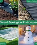 Image showing landscape fabric pins used in different geological environments: soil, gravel, grass, and snow areas.