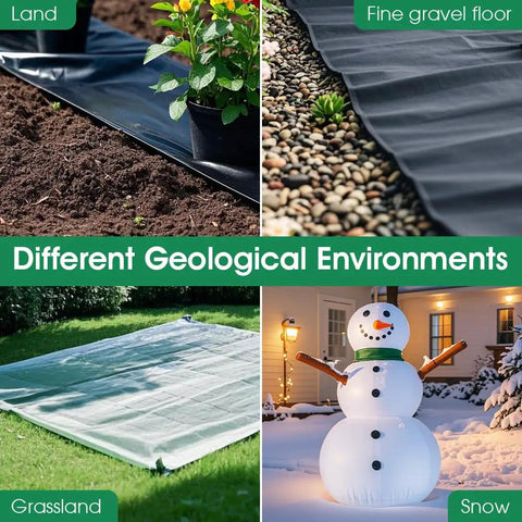 Image showing landscape fabric pins used in different geological environments: soil, gravel, grass, and snow areas.