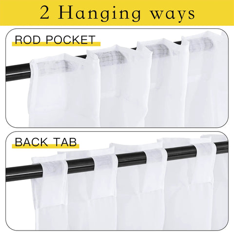 Image showing 2 hanging ways of Outdoor Sheer White Weighted Curtains With Rod Pocket And Back Tab, 120 Inch Length, 2 Panels