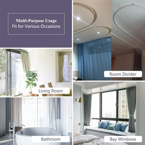 Flexible Bendable Ceiling Curtain Track 16 Ft White Wall Mount Sliding Curtain Rail System With Clips For RV Room Divider And Home Windows, No Fuss Install, Curved For Angled Ceilings, Clips Included, Durable Aluminum Rail, Ideal For RVs And Homes. Multi-purpose bent ceiling track for living room, bathroom, bay windows, and room divider