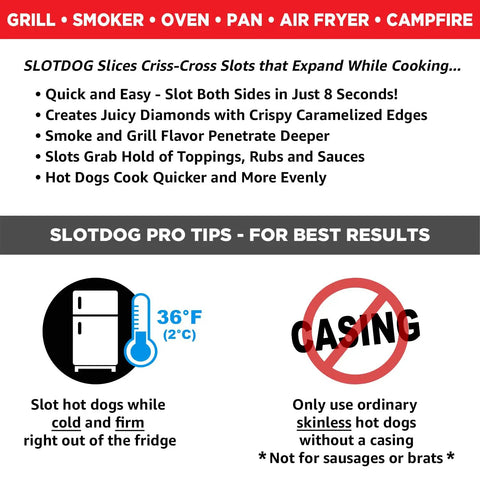 Infographic on using Crosshatch Hot Dog Slicer Tool With Stainless Steel Blades 10 Inch Red Cutter for better grilling results