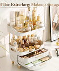 Four Tier White Makeup Organizer With Sleek Gold Handles Is A Total Game Changer For Bathroom Counter Storage Keeps Cosmetics Tidy Effortlessly And Never Misses The Mark with skincare and cosmetics.