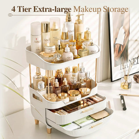 Four Tier White Makeup Organizer With Sleek Gold Handles Is A Total Game Changer For Bathroom Counter Storage Keeps Cosmetics Tidy Effortlessly And Never Misses The Mark with skincare and cosmetics.