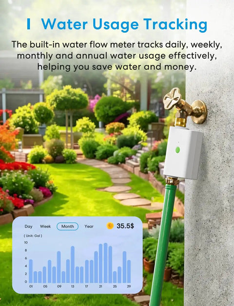 Smart WiFi Hose Timer For Garden Irrigation With Brass Inlet And Outlet attached to faucet, garden background, water usage graph displayed