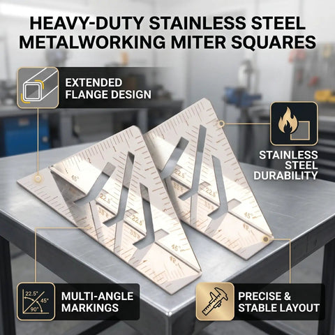 Stainless Steel 5 Inch Miter Square Ruler With Extended Flange For Precise Angle Marking On Round Pipes And Flat Surfaces on table