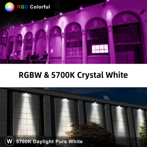 RGBW LED Wall Washer Light With RF Remote 72W 5000K Dimmable showing color and white lighting on buildings