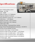 Specifications of Jaryannix 8 X 32 Inch Benchtop Mini Metal Lathe With 900W Brushless Motor for woodworking and metalworking.