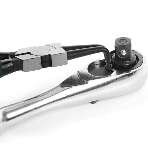 Close-up of Built Tough 7 Inch Snap Ring Pliers Set Internal And External Circlip Pliers Kit removing part from ratchet tool.