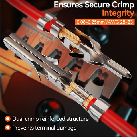 Close-up of Mini-Fit Jr Crimping Kit Pro Grade With 12 Connector Types showing dual crimp reinforced structure and terminals.