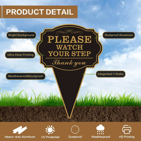 Double Sided Watch Your Step Yard Sign With Stake, 10x14 Rust-Free Metal Outdoor Safety Sign UV Printed For Walkways