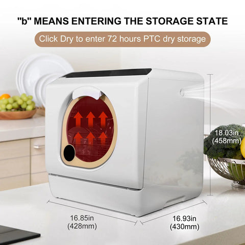 No Sweat Plug And Play Countertop Dishwasher With Heated Dry Mode And Dual Spray Arms Self Contained 5 Liter Tank on kitchen counter.