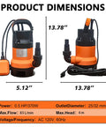 Heavy Duty Workhorse Submersible Sump Pump Featuring Reliable Automatic Float Switch For Rapid No Sweat Water Drainage With 0.5Hp 110V High Capacity Motor dimensions chart with power specs.