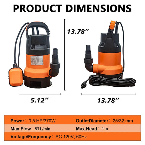 Heavy Duty Workhorse Submersible Sump Pump Featuring Reliable Automatic Float Switch For Rapid No Sweat Water Drainage With 0.5Hp 110V High Capacity Motor dimensions chart with power specs.