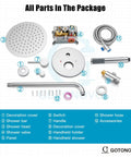10 Inch Round Rainfall Shower System With Wall Mount High Pressure Shower Head Set Rough In Valve And Cylindrical Handheld Spray In Polished Chrome All Metal SUS304 Stainless Steel Construction Built Tough components laid out.