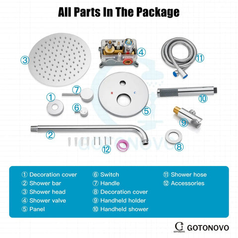 10 Inch Round Rainfall Shower System With Wall Mount High Pressure Shower Head Set Rough In Valve And Cylindrical Handheld Spray In Polished Chrome All Metal SUS304 Stainless Steel Construction Built Tough components laid out.