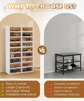 Comparison of 2x9 Tier Collapsible Shoe Rack Organizer with Door beside a traditional metal shoe rack.