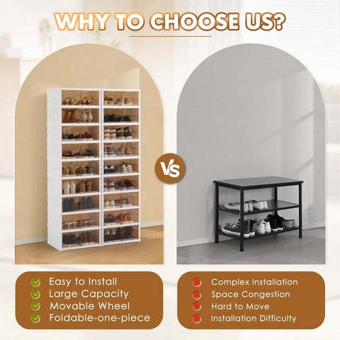 Comparison of 2x9 Tier Collapsible Shoe Rack Organizer with Door beside a traditional metal shoe rack.