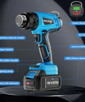 Cordless 20V Heat Gun Kit With Dual 4.0Ah Batteries, rapid heat up to 1022F featuring digital screen and adjustable settings.
