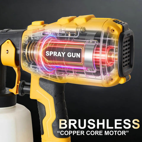 Heavy Duty HVLP Paint Sprayer With Kick Ass 850W Motor And Four Slick Nozzles, showing copper core motor inside spray gun.