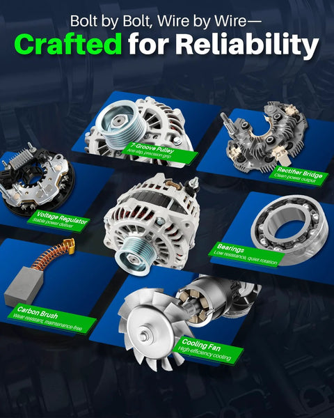 Components of alternator replacement for Nissan Altima 3.5L V6 2007-2018, Maxima 3.5L V6, Murano 3.5L V6, Quest 3.5L V6