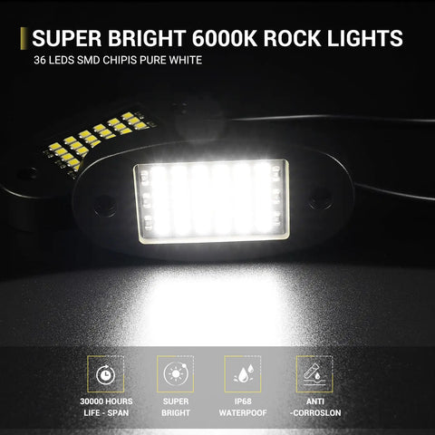 Close-up of 20 Pod White Rock Light Kit With 6000K Pure White LEDs, Ultra Bright Underglow For Trucks, SUVs, UTVs, IP68 Waterproof